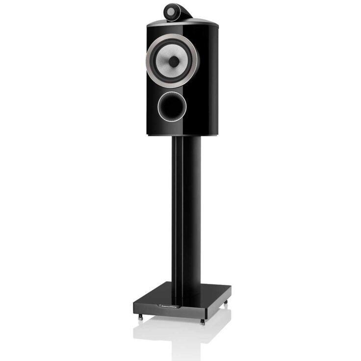 bowers and wilkins 805 d4 bookshelf front view with stand. can be used as home theater side speakers