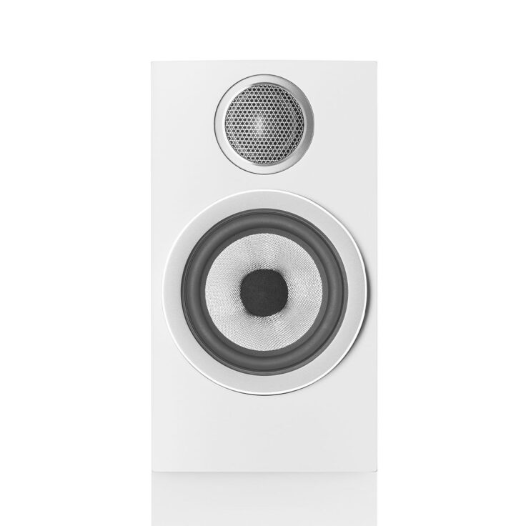 front view white bowers and wilkins 707 s3 bookshelf
